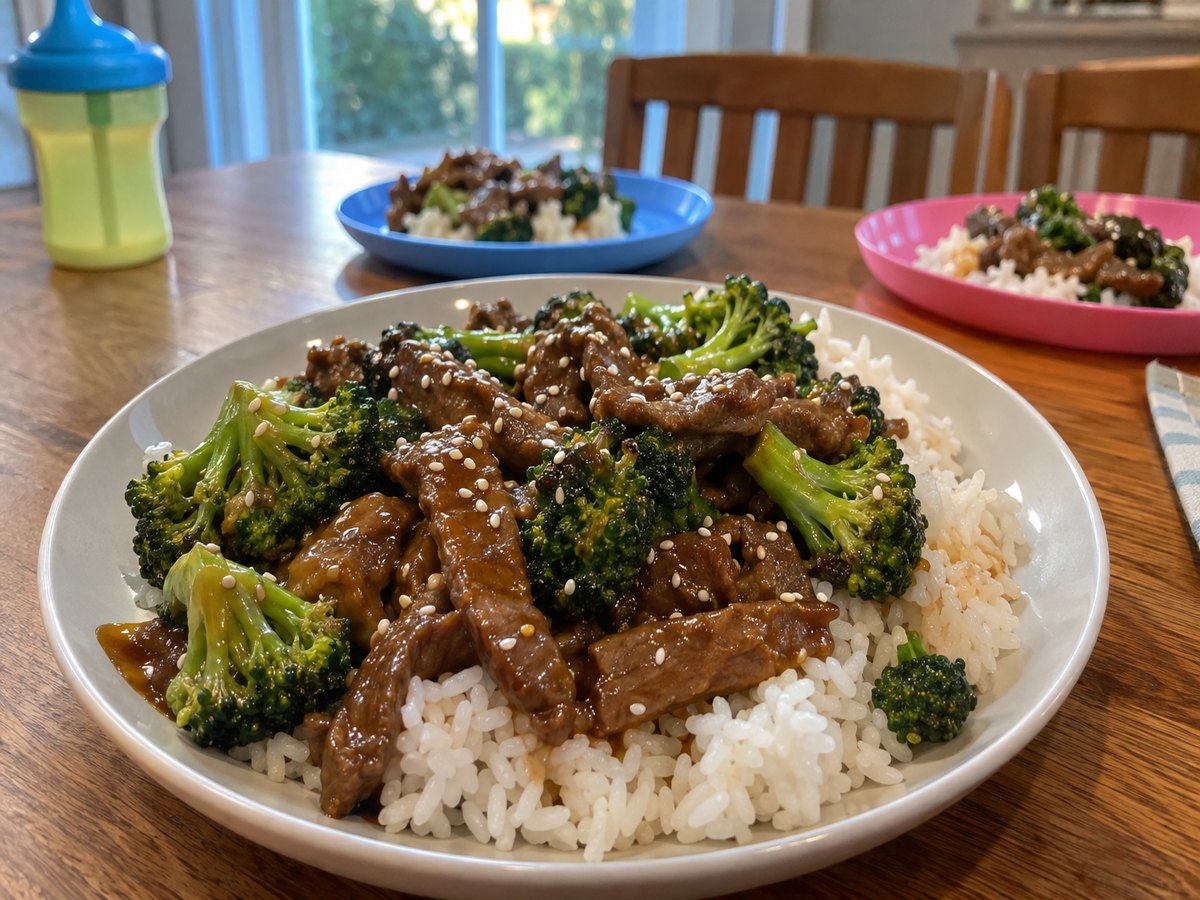 Beef and broccoli over rice at a family table