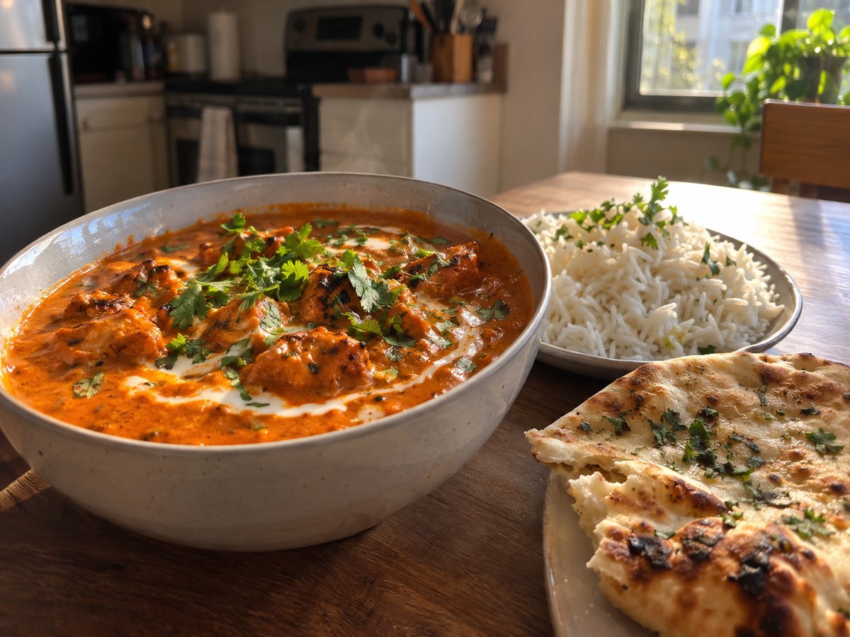 Chicken tikka masala with rice and naan
